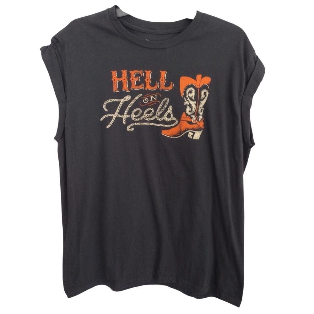 American Highway Black HELL ON HEELS Cowgirl Boot Rolled Sleeve Muscle Tee Large